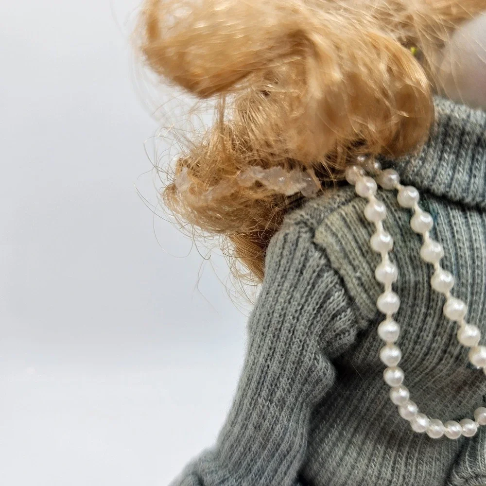 Vintage Porcelain Doll Ornament Blonde Hair Turtleneck Sweater‎ Plaid Skirt 8